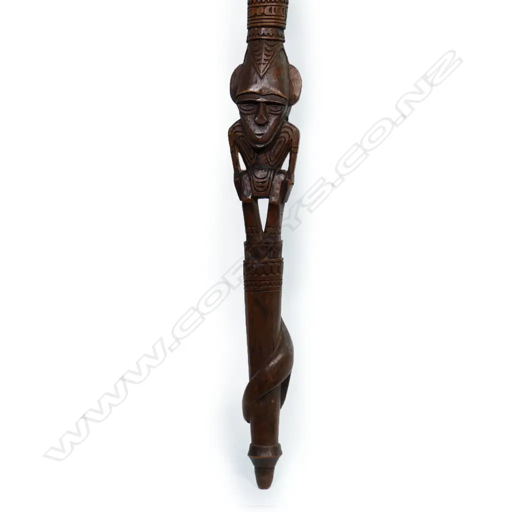 Massim PNG three-figure carved ornate stick w snake to base, Image 1++